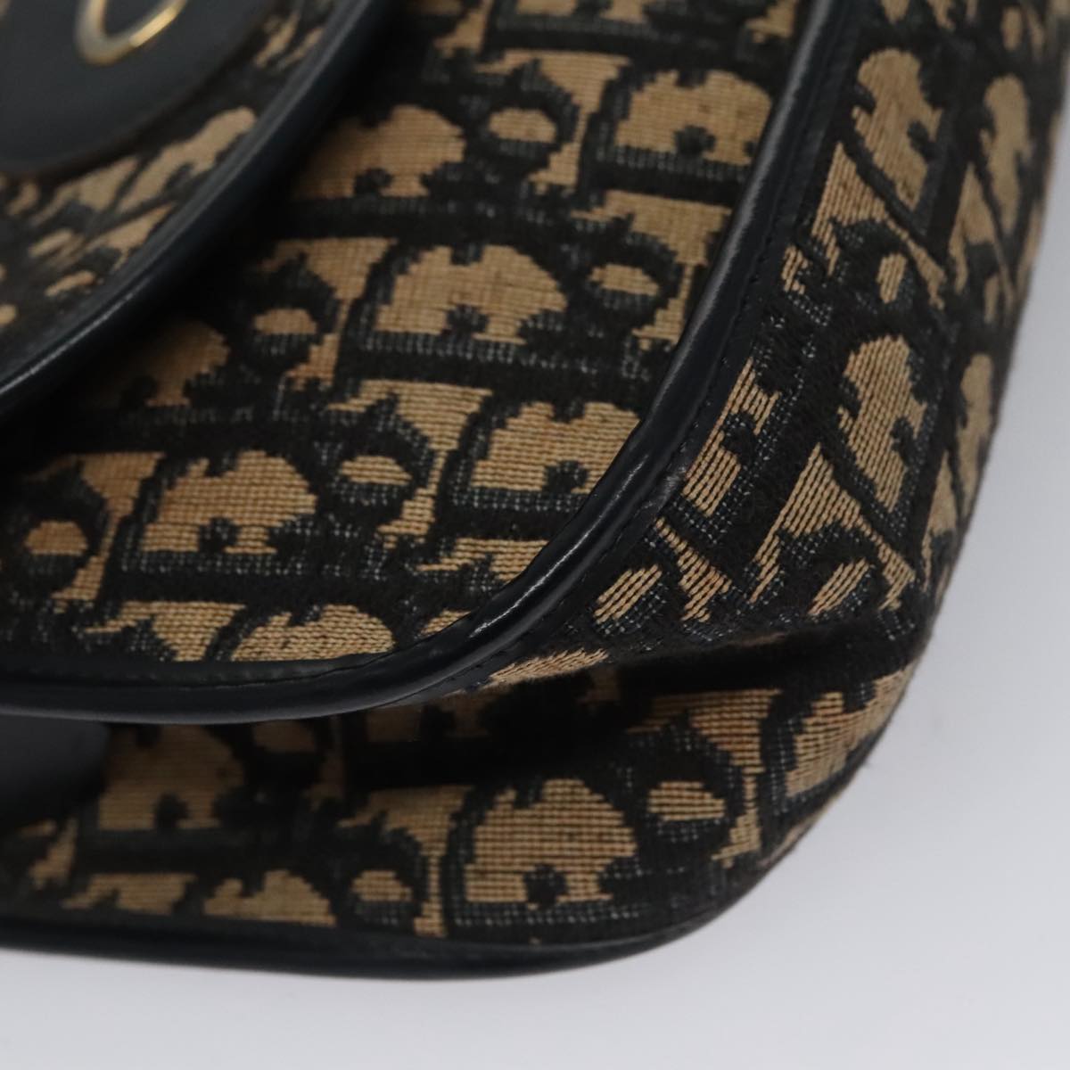 Christian Dior Trotter Canvas Hand Bag Navy Beige Gold Auth yk16224