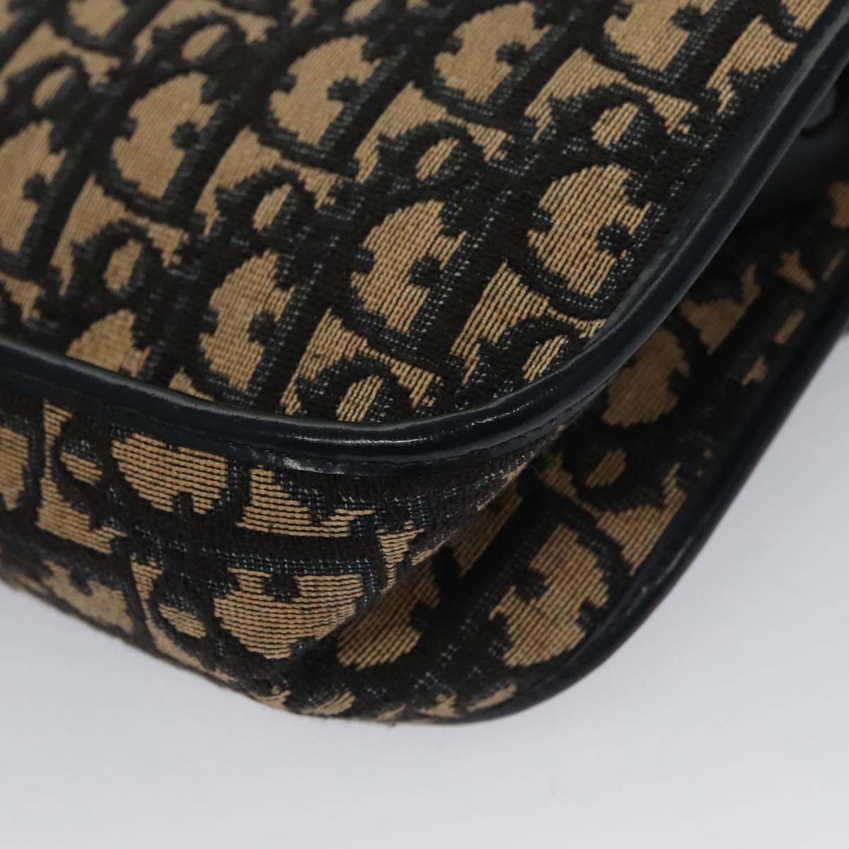 Christian Dior Trotter Canvas Hand Bag Navy Beige Gold Auth yk16224