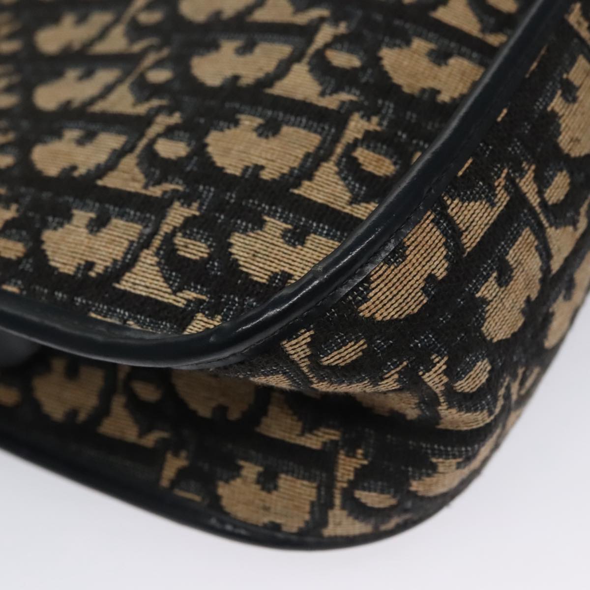 Christian Dior Trotter Canvas Hand Bag Navy Beige Gold Auth yk16224