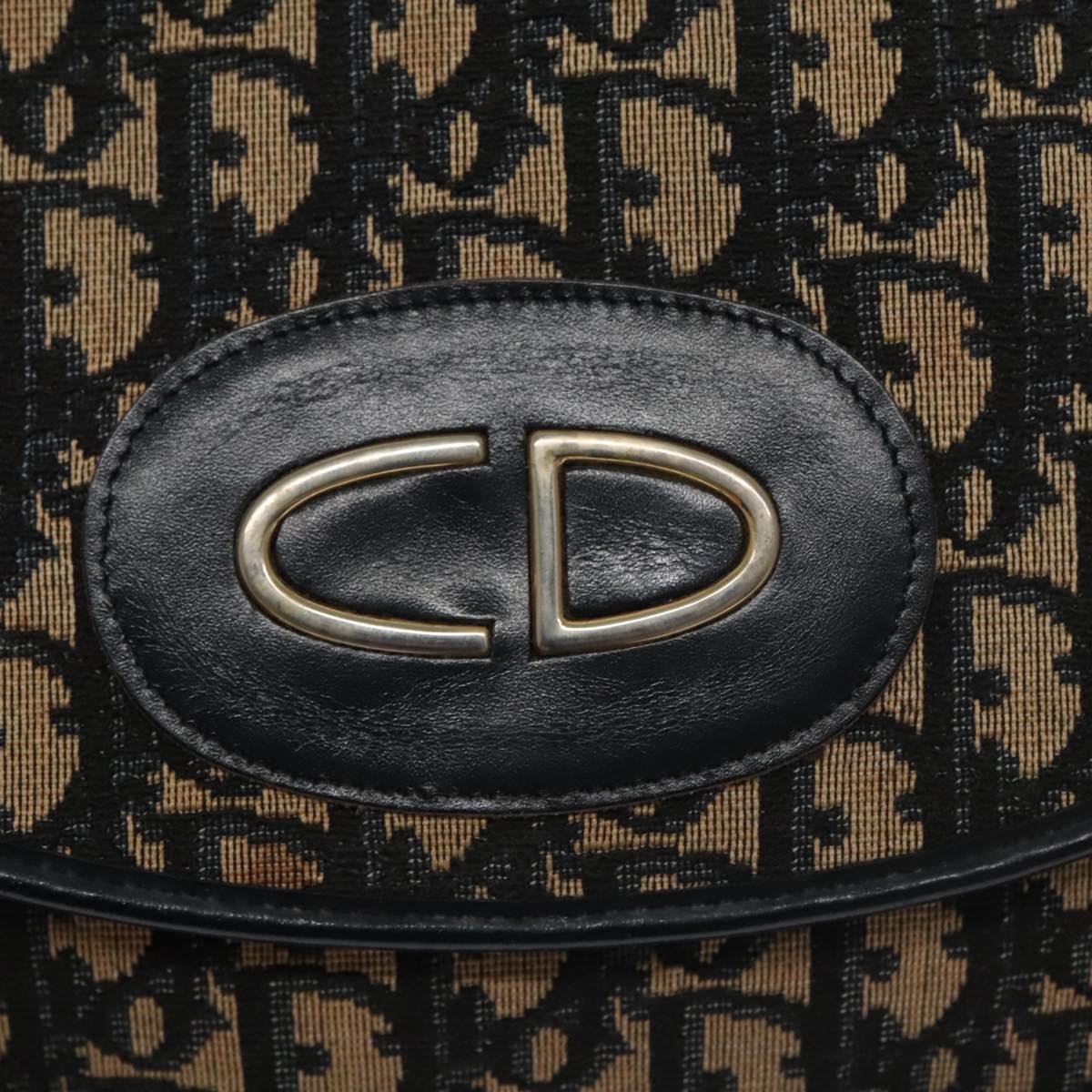 Christian Dior Trotter Canvas Hand Bag Navy Beige Gold Auth yk16224
