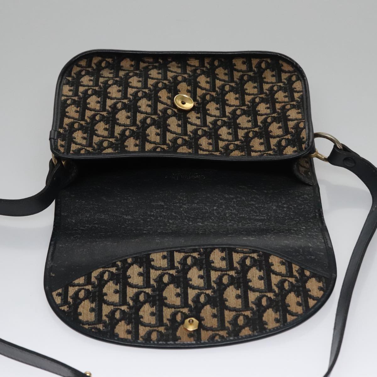 Christian Dior Trotter Canvas Hand Bag Navy Beige Gold Auth yk16224