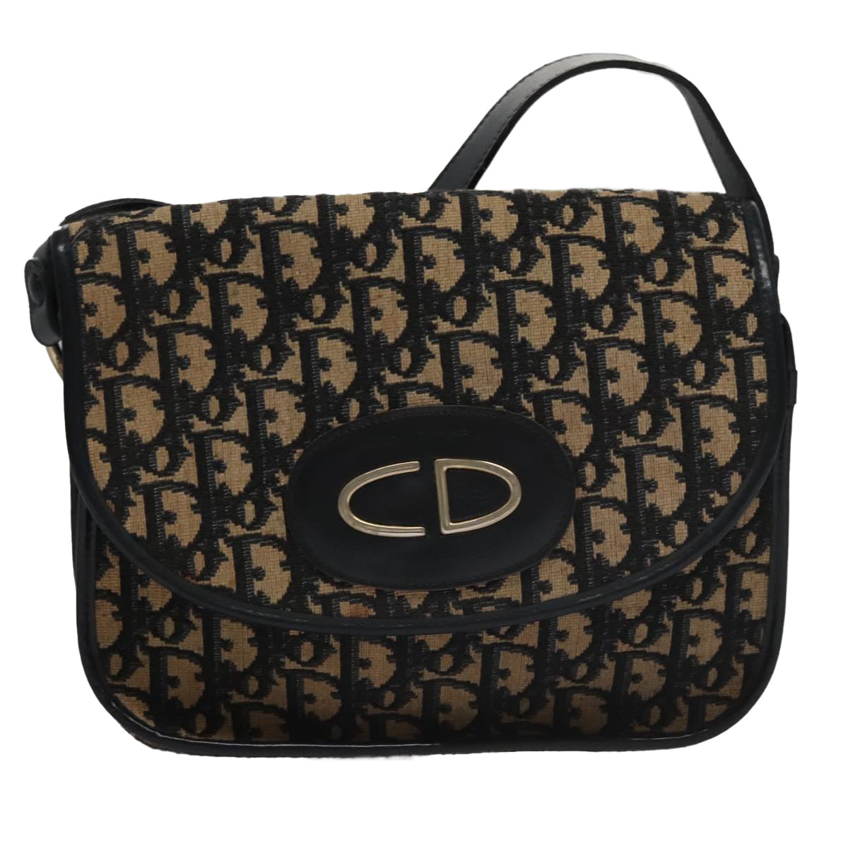 Christian Dior Trotter Canvas Hand Bag Navy Beige Gold Auth yk16224