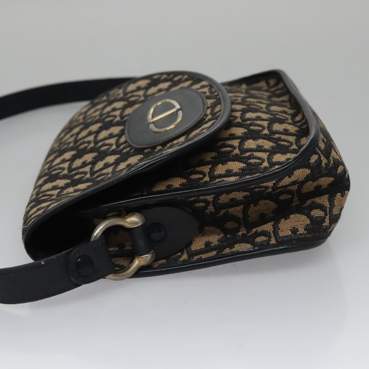 Christian Dior Trotter Canvas Hand Bag Navy Beige Gold Auth yk16224