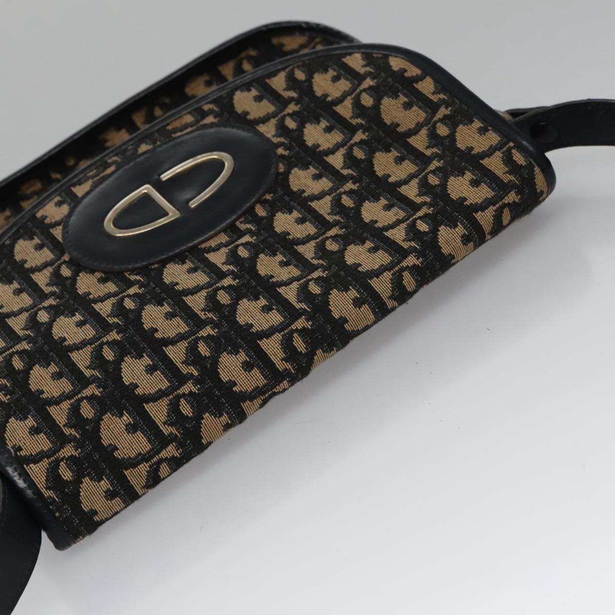 Christian Dior Trotter Canvas Hand Bag Navy Beige Gold Auth yk16224