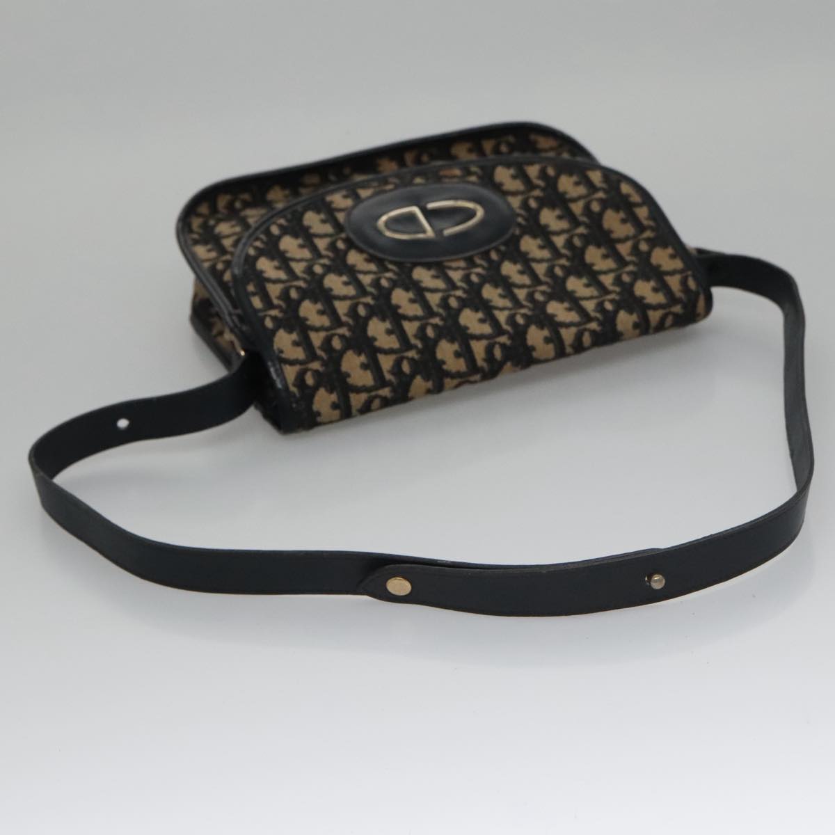Christian Dior Trotter Canvas Hand Bag Navy Beige Gold Auth yk16224