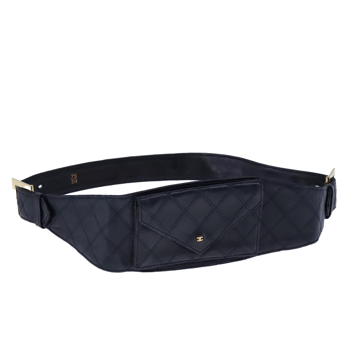 CHANEL Bicolore Waist Pouch Lamb Skin Navy Gold CC Auth yk16227