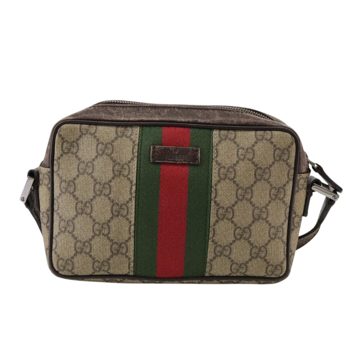 GUCCI GG Supreme Web Sherry Line Shoulder Bag Beige Silver 162910 Auth yk16237
