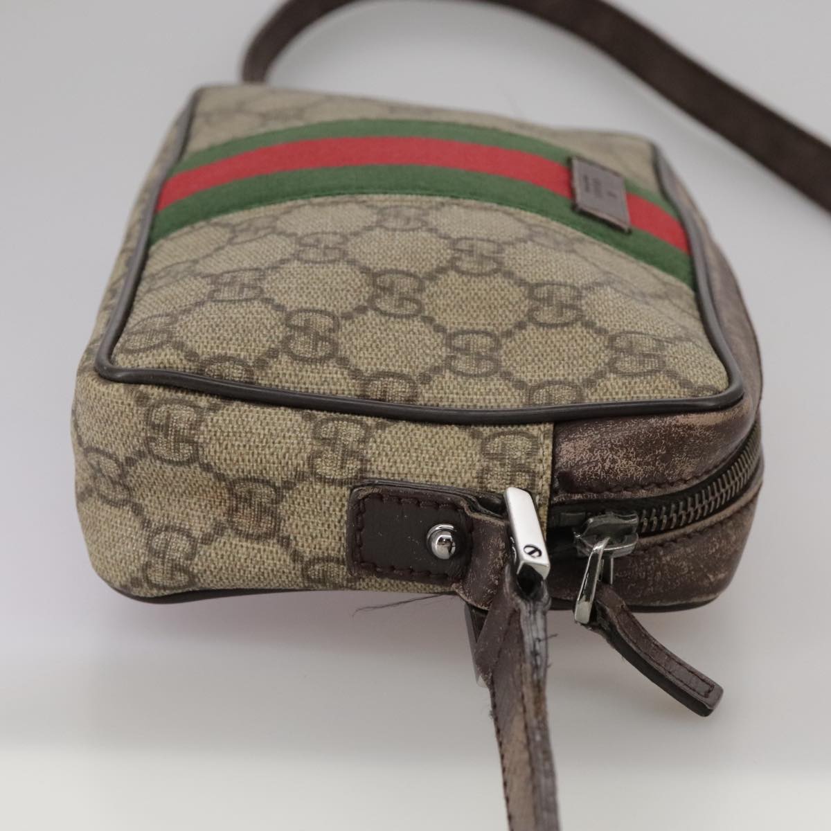 GUCCI GG Supreme Web Sherry Line Shoulder Bag Beige Silver 162910 Auth yk16237