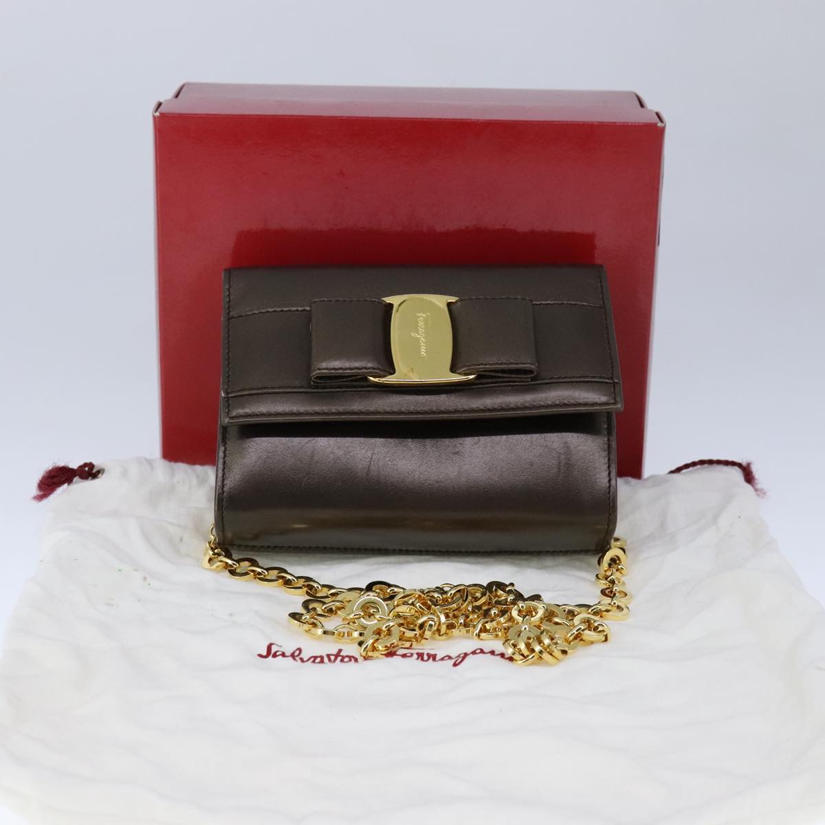 Salvatore Ferragamo Vala Chain Shoulder Bag Leather Brown Gold Auth yk16268