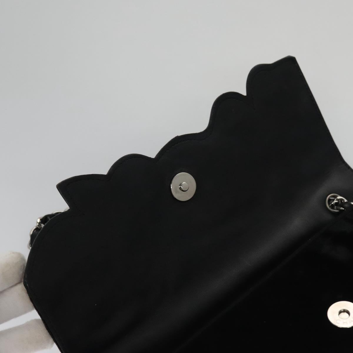 CHANEL Chain Camelia Shoulder Bag Velor Leather Black Silver CC Auth yk16500