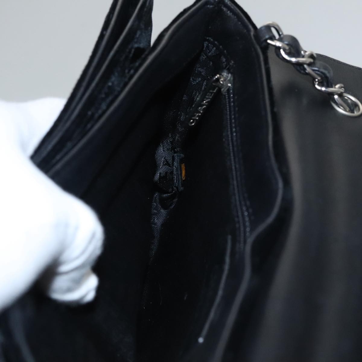 CHANEL Chain Camelia Shoulder Bag Velor Leather Black Silver CC Auth yk16500