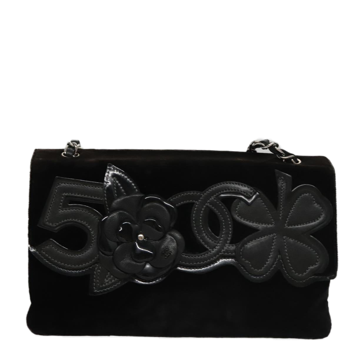 CHANEL Chain Camelia Shoulder Bag Velor Leather Black Silver CC Auth yk16500