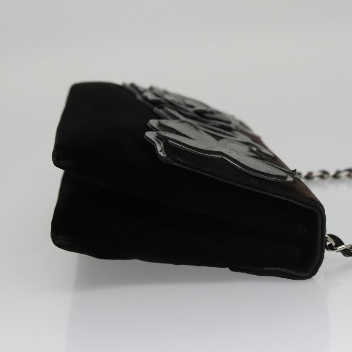 CHANEL Chain Camelia Shoulder Bag Velor Leather Black Silver CC Auth yk16500