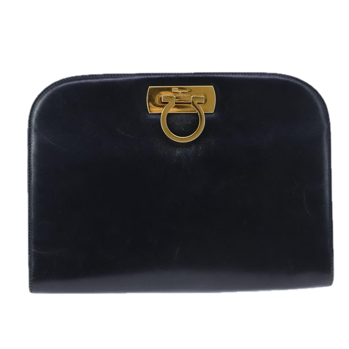 Salvatore Ferragamo Gancini Shoulder Bag Leather Black Gold Auth yk16533