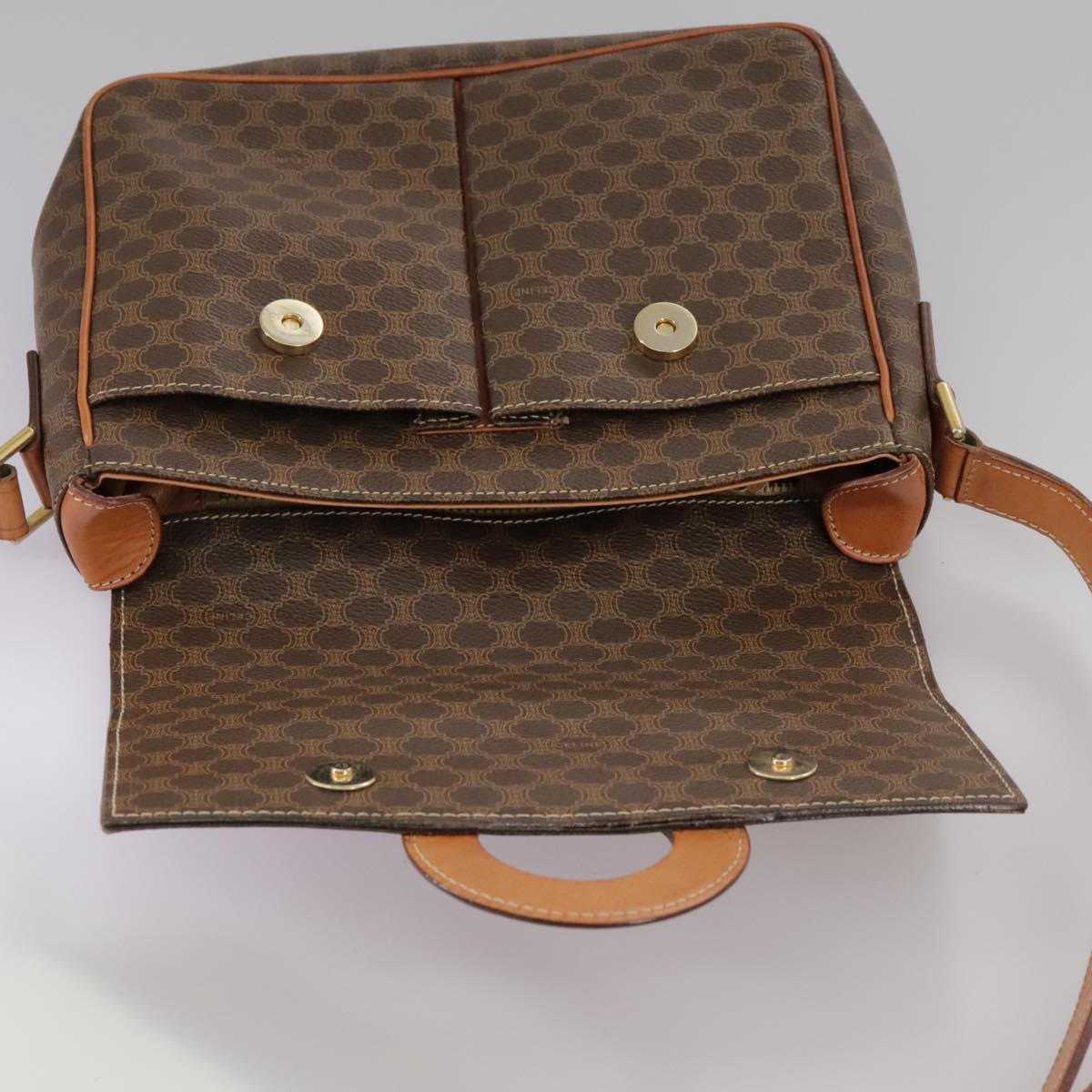 CELINE Macadam Canvas Shoulder Bag PVC Leather Brown Gold Auth yk16587