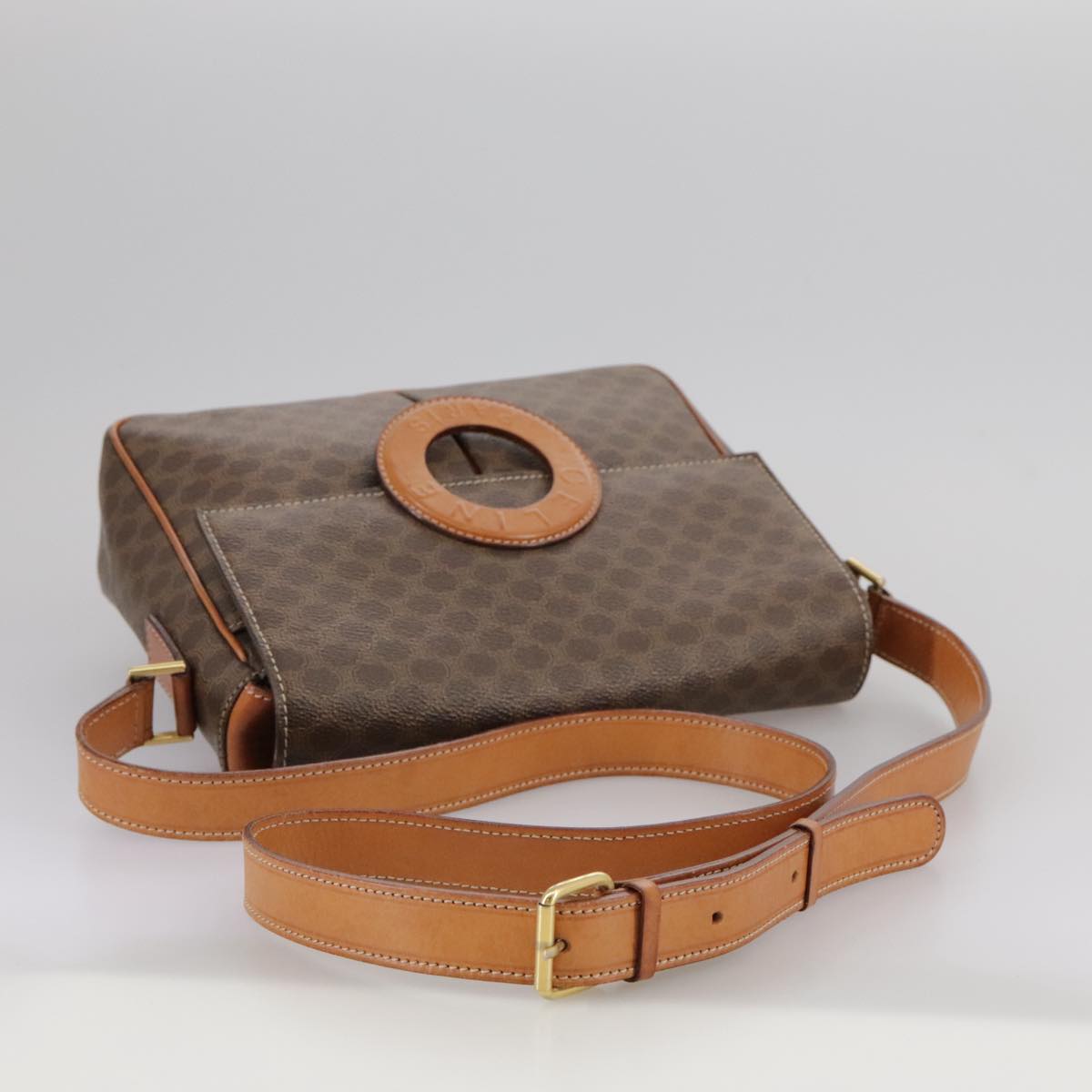 CELINE Macadam Canvas Shoulder Bag PVC Leather Brown Gold Auth yk16587