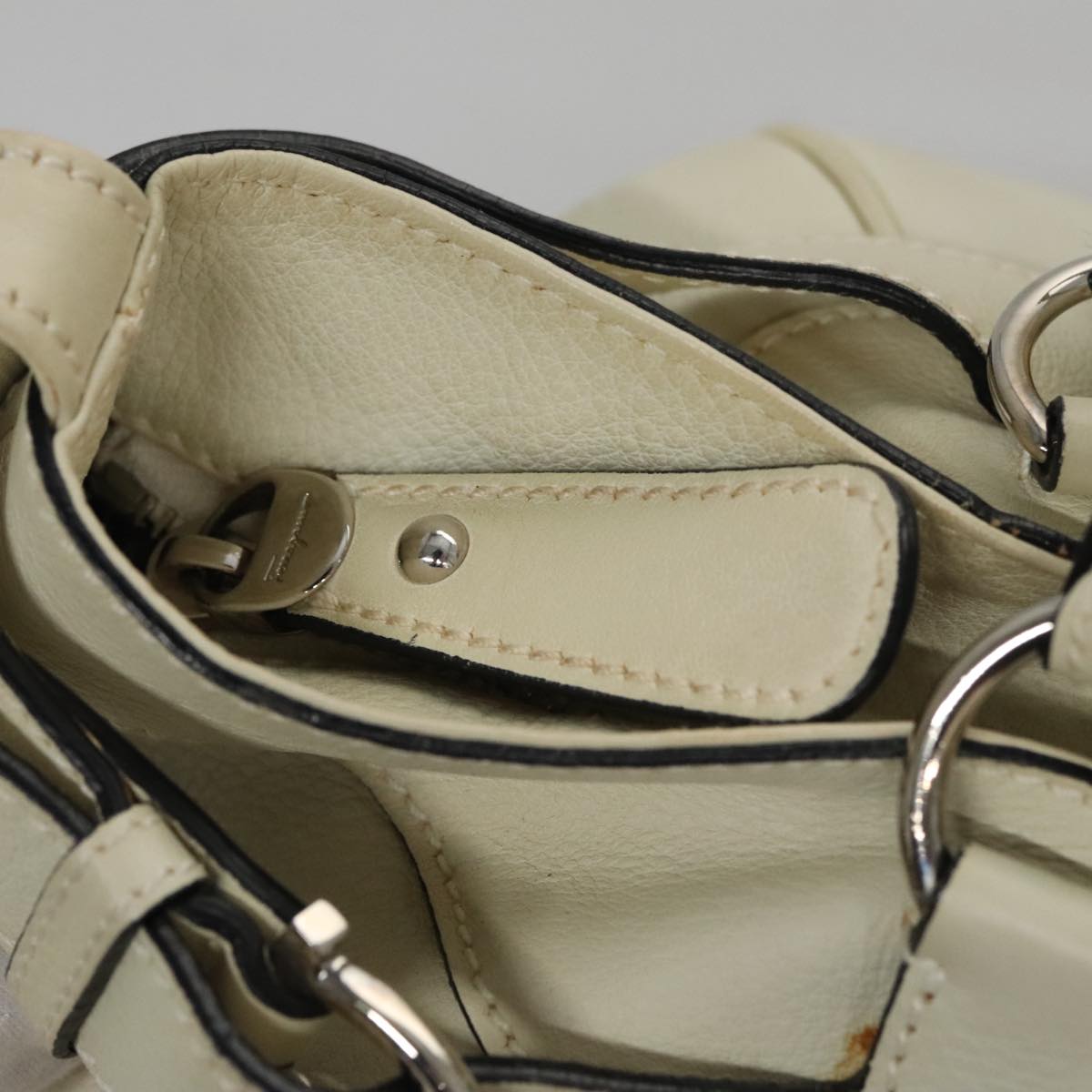 Salvatore Ferragamo Gancini Hand Bag Leather White Silver Auth yk16589