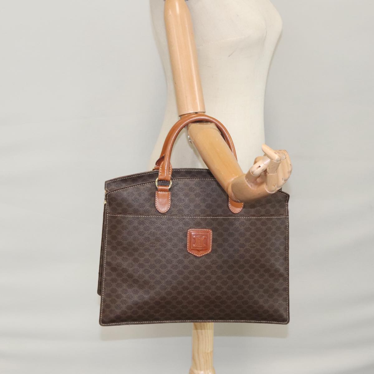 CELINE Macadam Canvas Hand Bag PVC Leather Brown Gold Auth yk16623