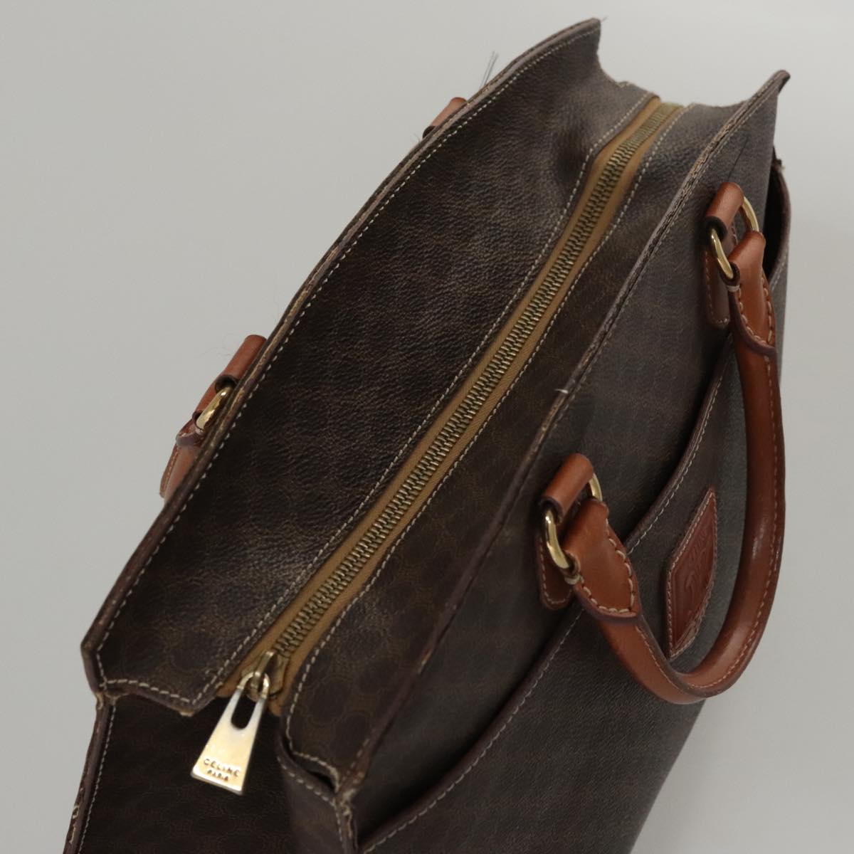 CELINE Macadam Canvas Hand Bag PVC Leather Brown Gold Auth yk16623