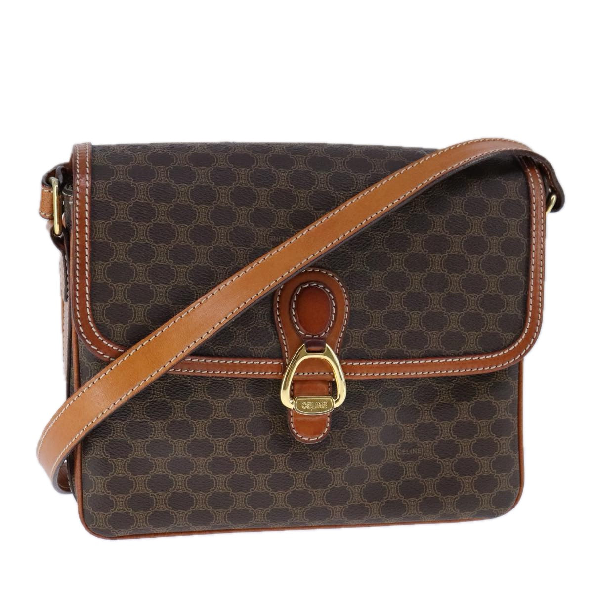 CELINE Macadam Canvas Shoulder Bag PVC Leather Brown Gold Auth yk16625