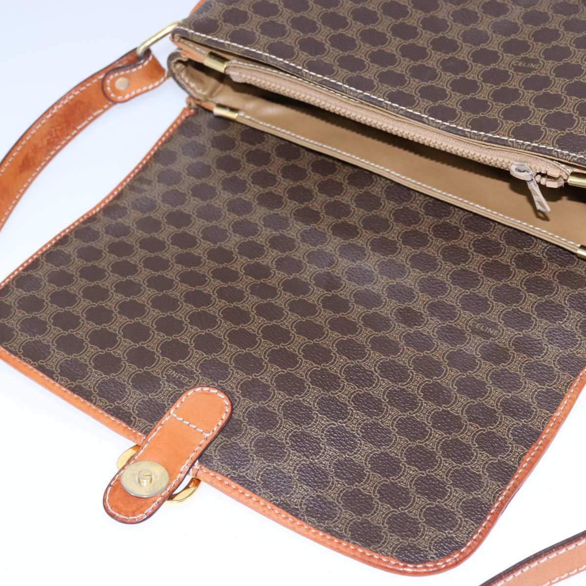 CELINE Macadam Canvas Shoulder Bag PVC Leather Brown Gold Auth yk16625