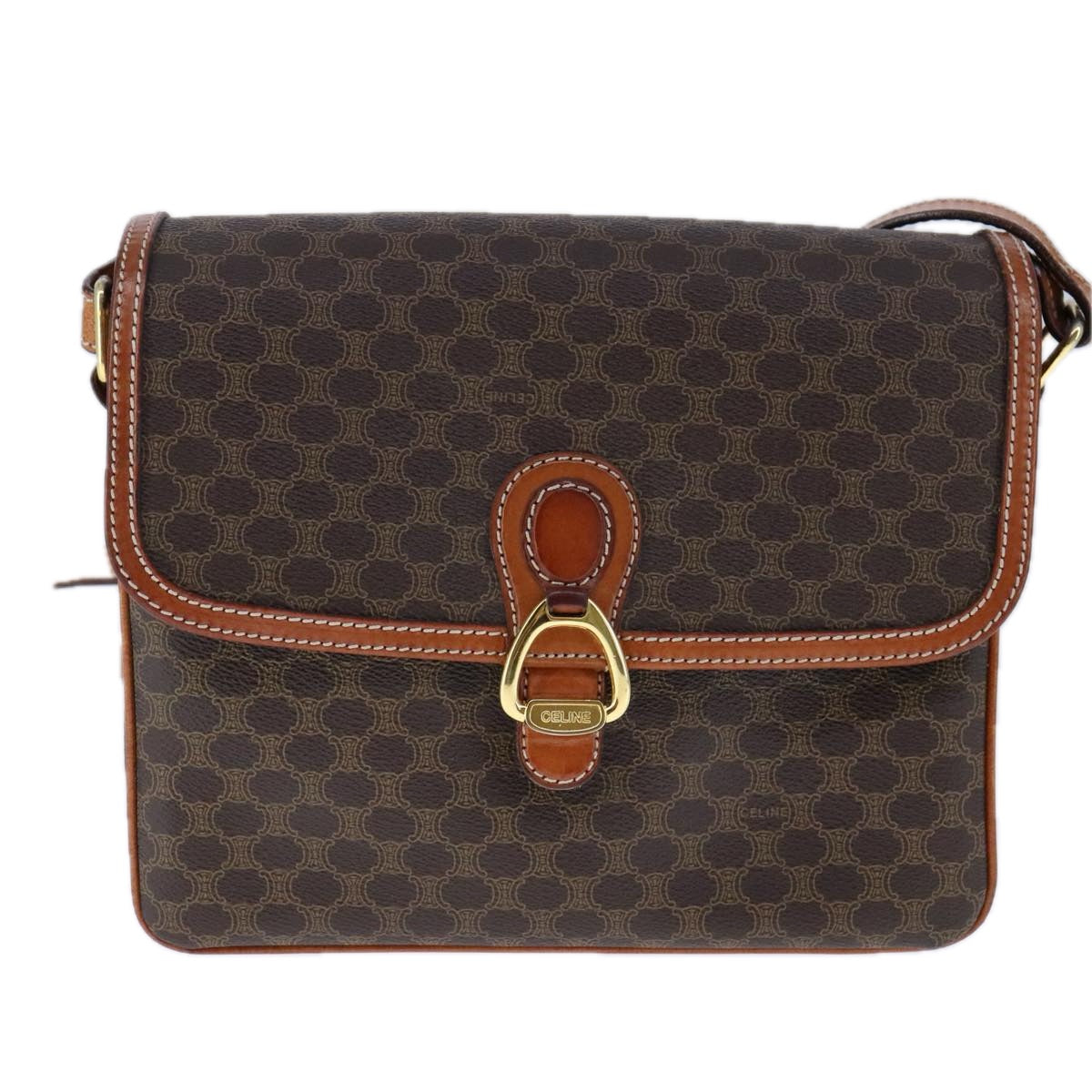 CELINE Macadam Canvas Shoulder Bag PVC Leather Brown Gold Auth yk16625