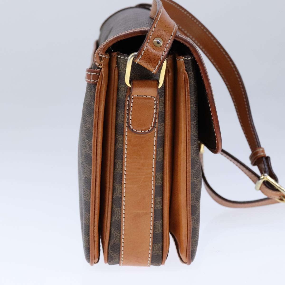 CELINE Macadam Canvas Shoulder Bag PVC Leather Brown Gold Auth yk16625