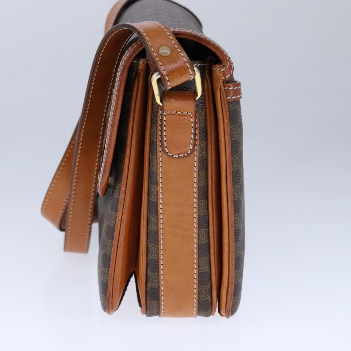 CELINE Macadam Canvas Shoulder Bag PVC Leather Brown Gold Auth yk16625