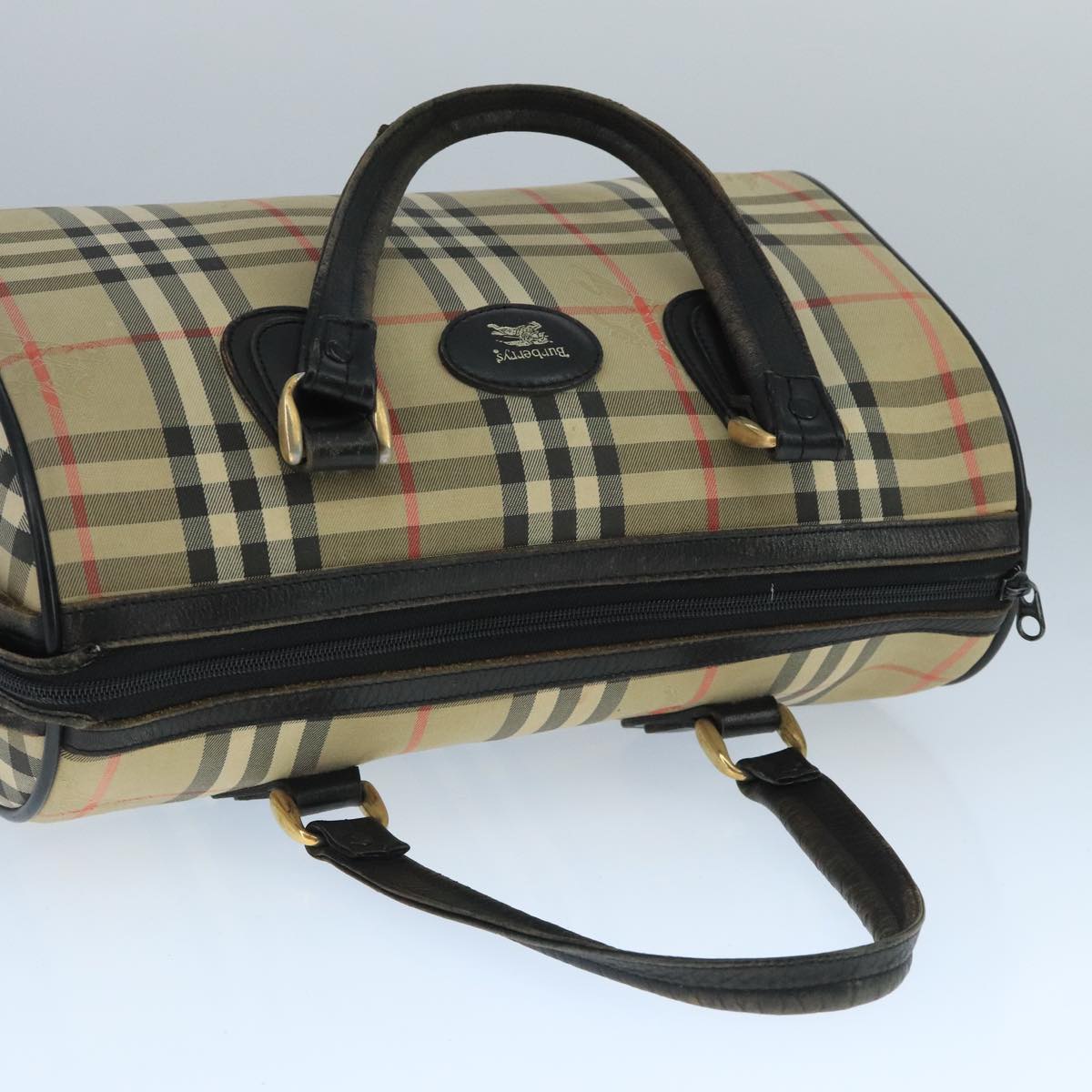 Burberrys Nova Check Black Label Boston Bag Canvas Beige Gold Auth yk16645