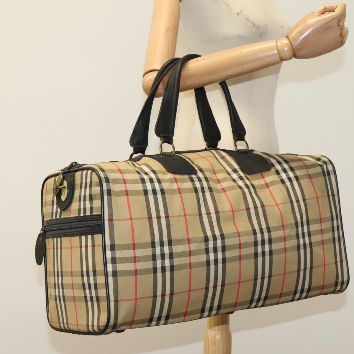 Burberrys Nova Check Boston Bag Canvas Beige Auth yk16677