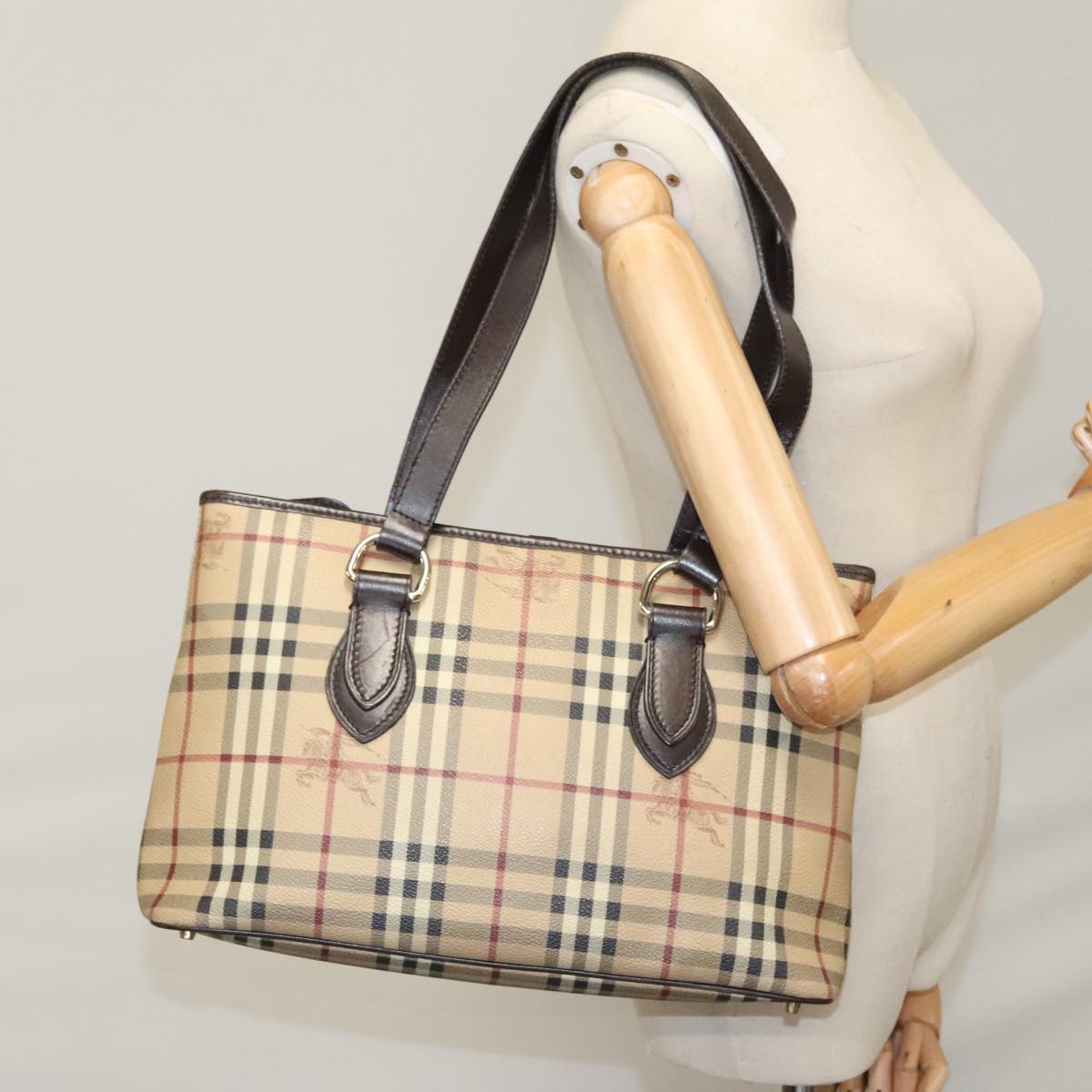 BURBERRY Nova Check Tote Bag PVC Leather Beige Auth yk16711