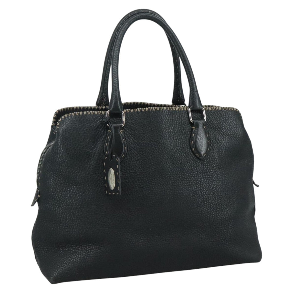 FENDI Celeria Hand Bag Leather Black Silver Auth yk16876