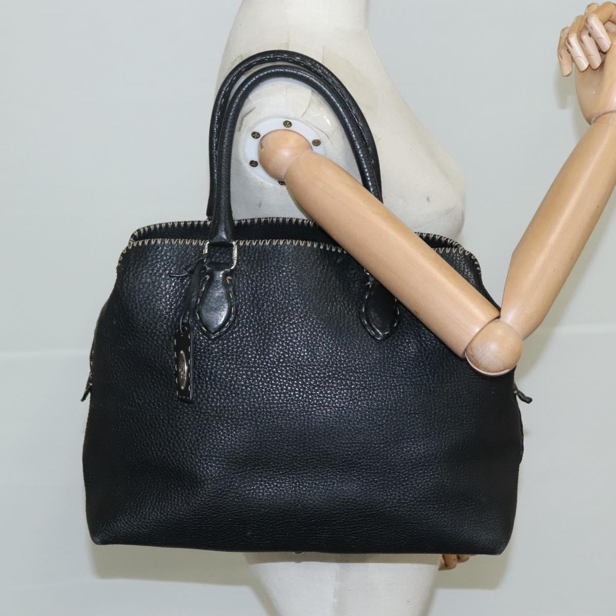 FENDI Celeria Hand Bag Leather Black Silver Auth yk16876