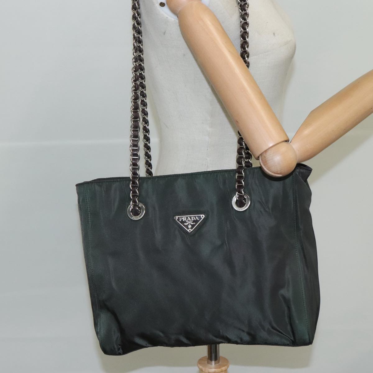 PRADA Chain Shoulder Bag Nylon Khaki Auth yk16918