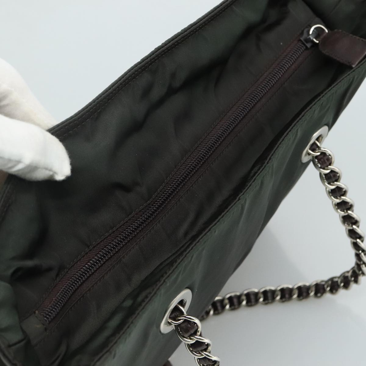 PRADA Chain Shoulder Bag Nylon Khaki Auth yk16918