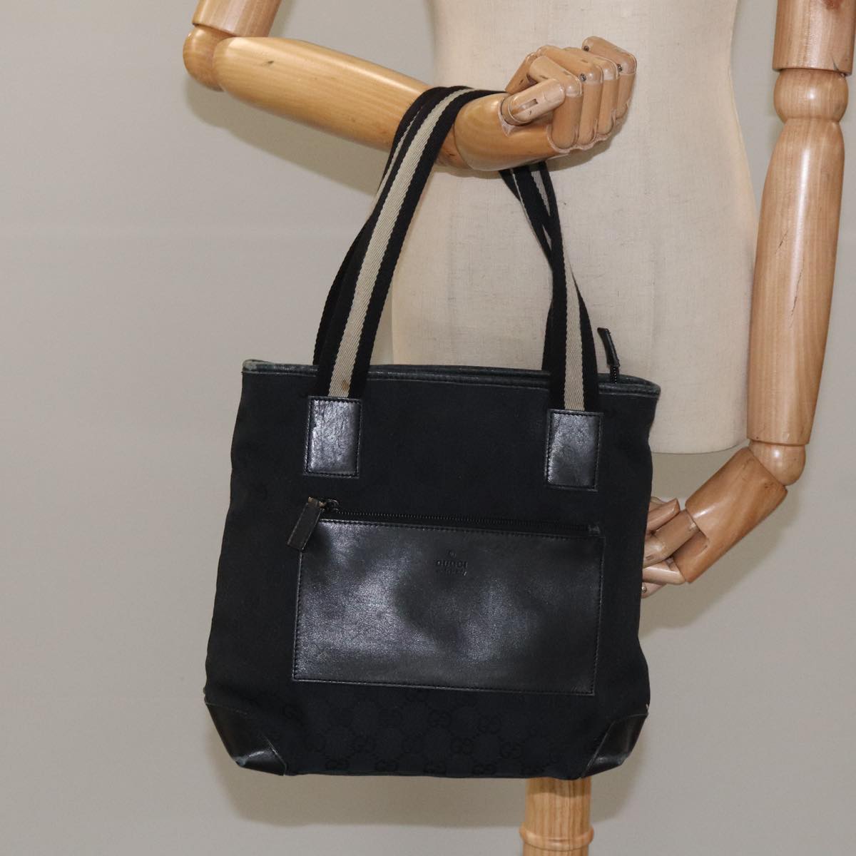 GUCCI GG Canvas Sherry Line Tote Bag Black White 019 0402 1705 Auth yk16982