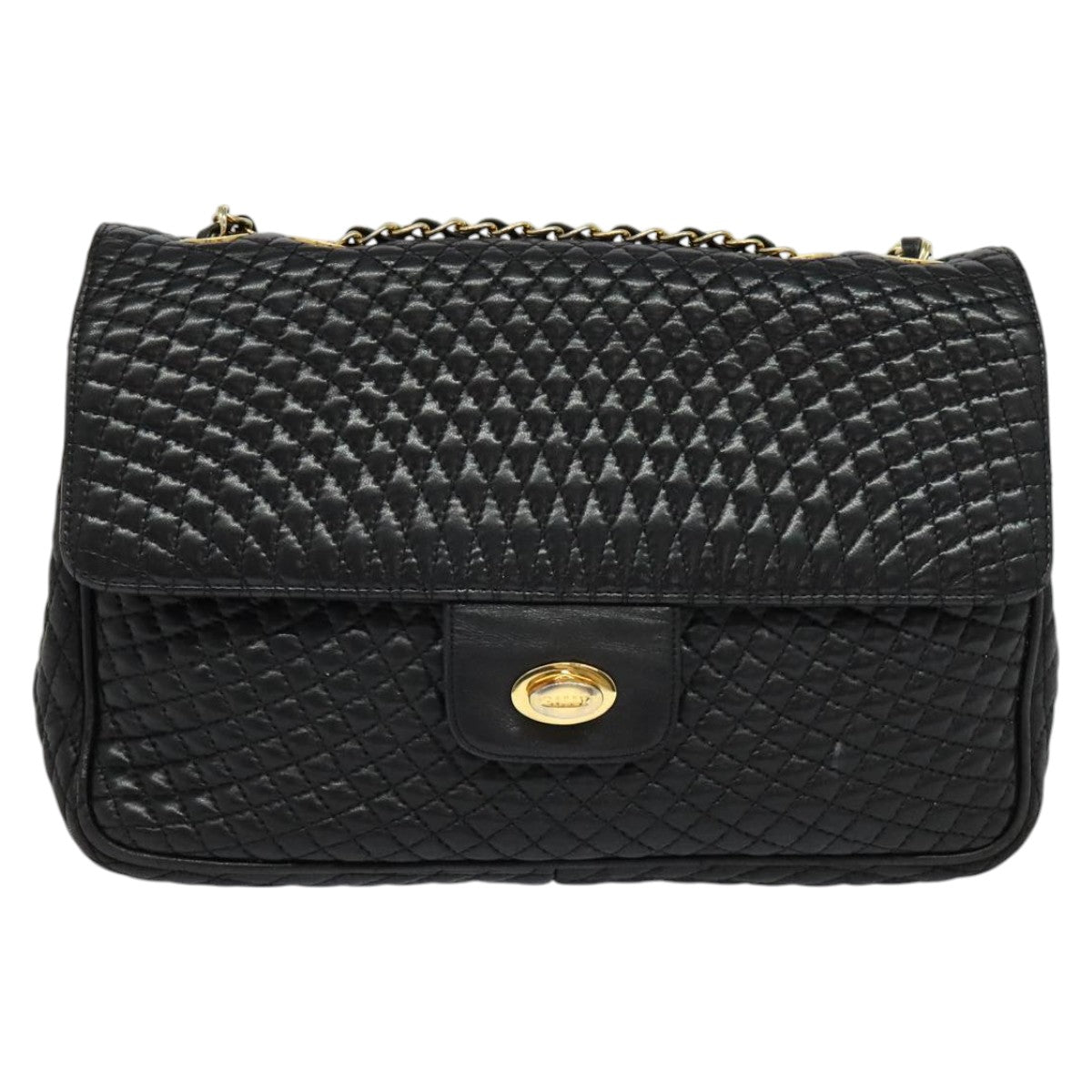 BALLY Quilted Chain Shoulder Bag Leather Black Gold Auth yk17027