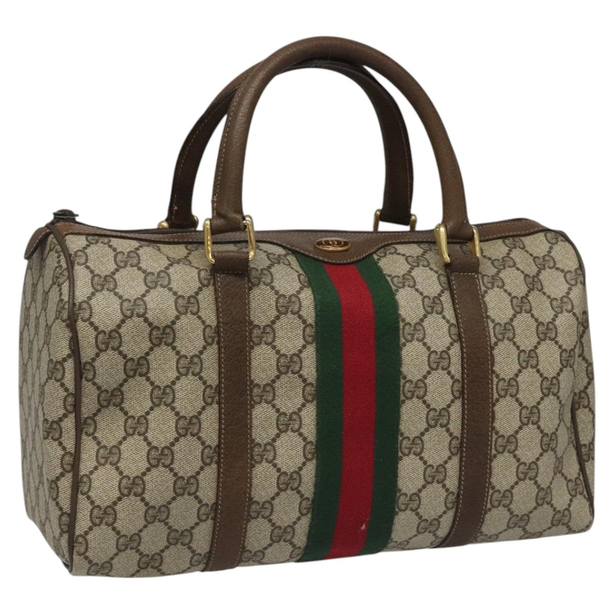 GUCCI GG Supreme Web Sherry Line Boston Bag PVC Beige Red 010 378 Auth yk17033