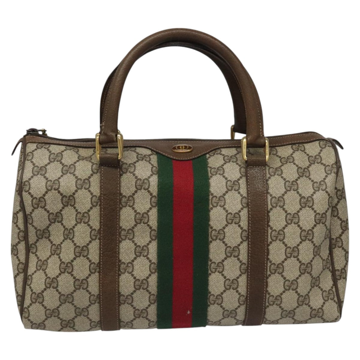 GUCCI GG Supreme Web Sherry Line Boston Bag PVC Beige Red 010 378 Auth yk17033