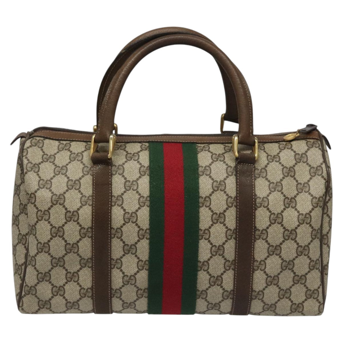 GUCCI GG Supreme Web Sherry Line Boston Bag PVC Beige Red 010 378 Auth yk17033