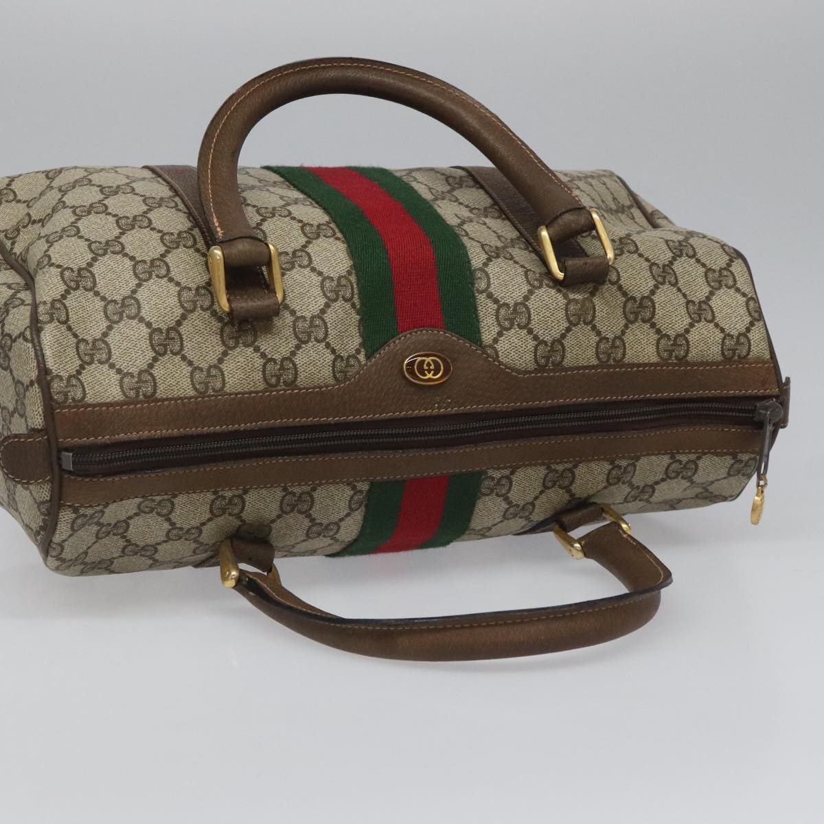 GUCCI GG Supreme Web Sherry Line Boston Bag PVC Beige Red 010 378 Auth yk17033
