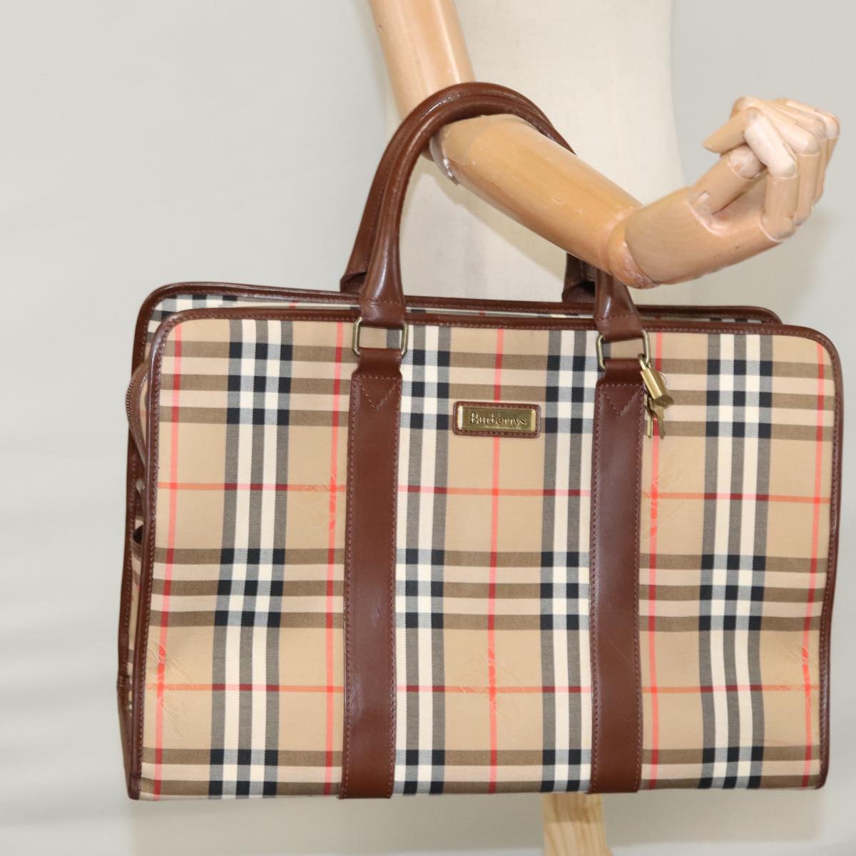 Burberrys Nova Check Boston Bag Canvas Beige Auth yk17113