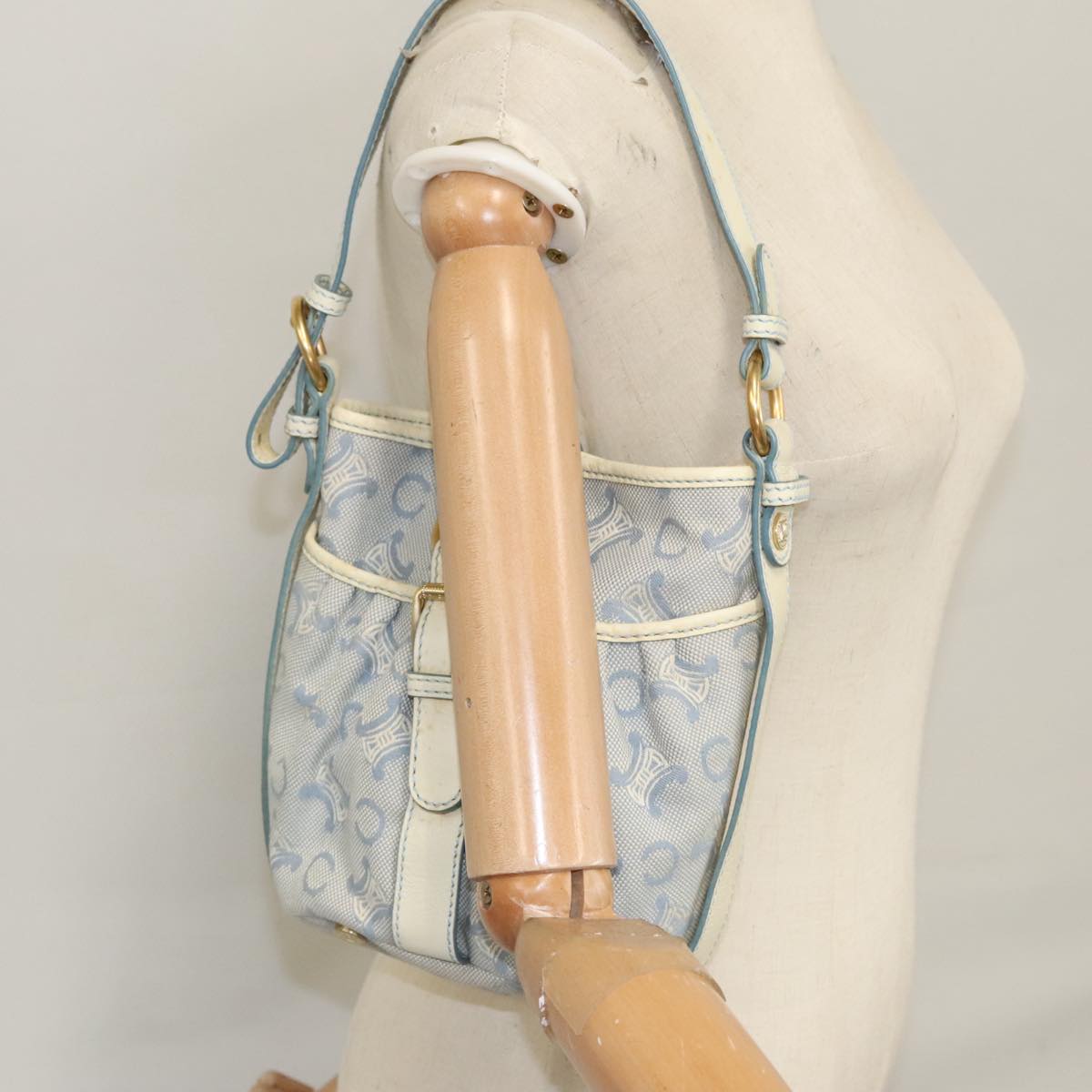 CELINE C Macadam Canvas Shoulder Bag Light Blue Auth yk17148