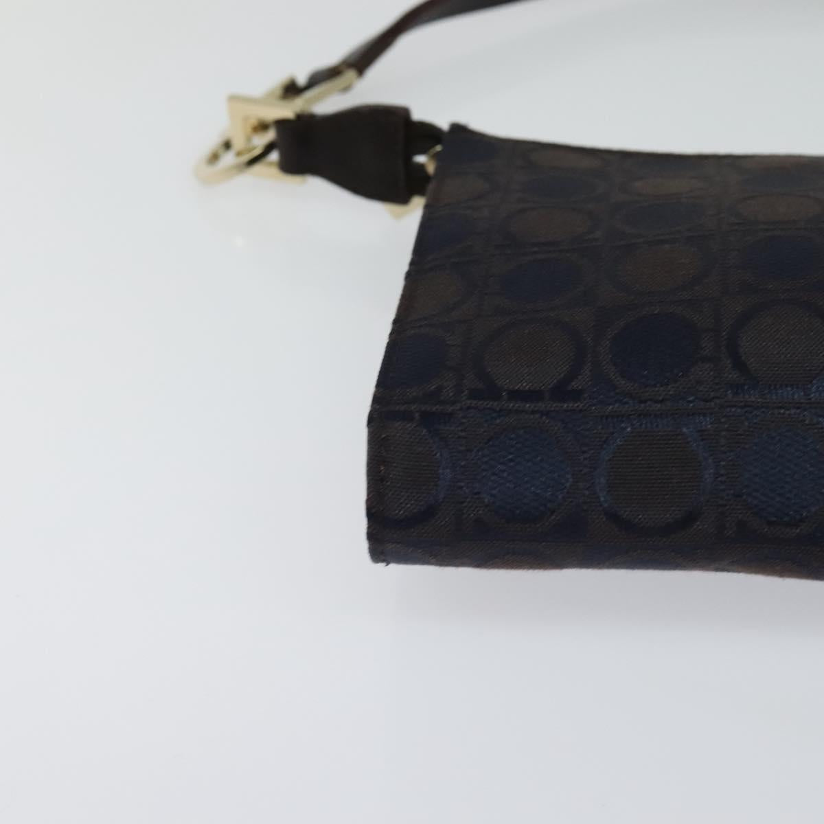 Salvatore Ferragamo Gancini Hand Bag Canvas Navy Gold Auth yk17315