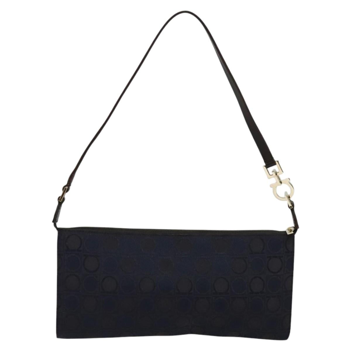 Salvatore Ferragamo Gancini Hand Bag Canvas Navy Gold Auth yk17315