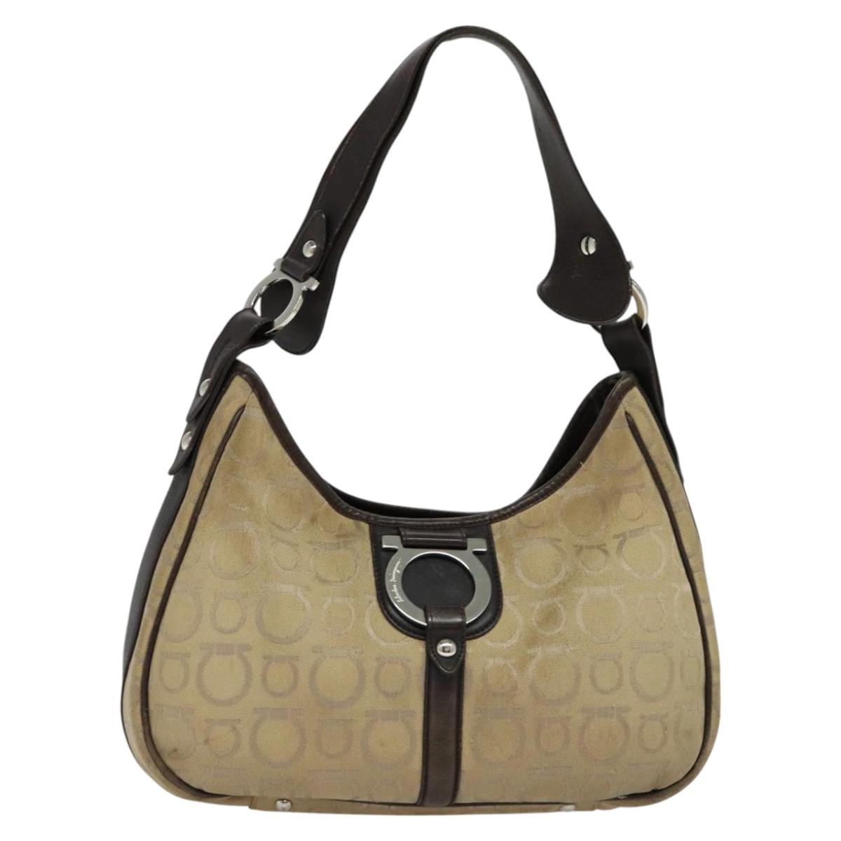Salvatore Ferragamo Gancini Shoulder Bag Canvas Beige Auth yk17339