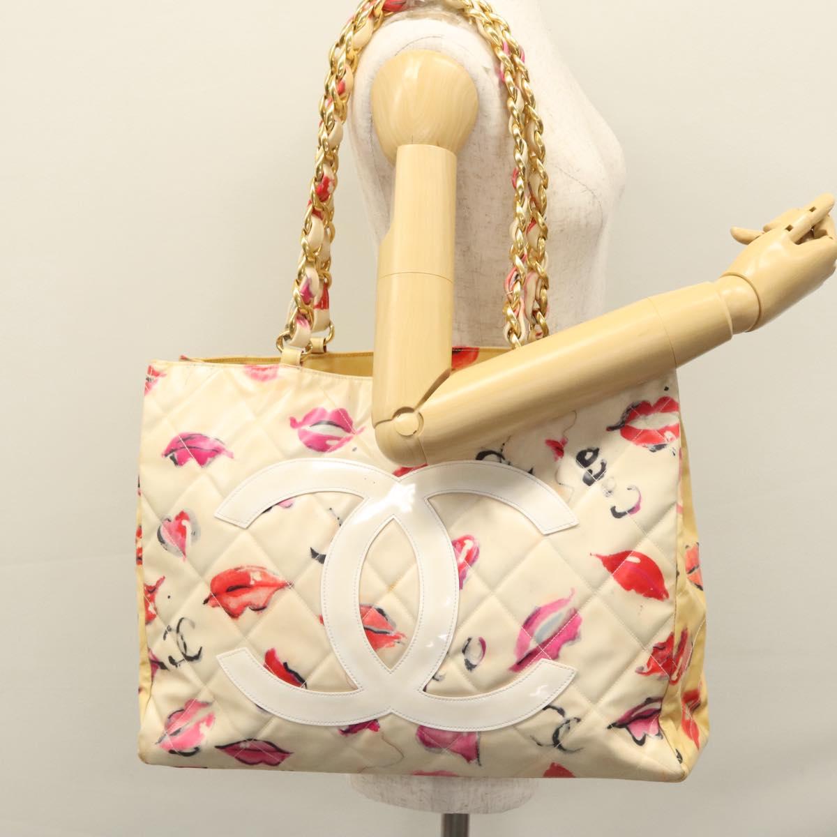 CHANEL Matelasse Chain COCO Mark Lip Tote Bag Vinyl Red CC Auth yk17404