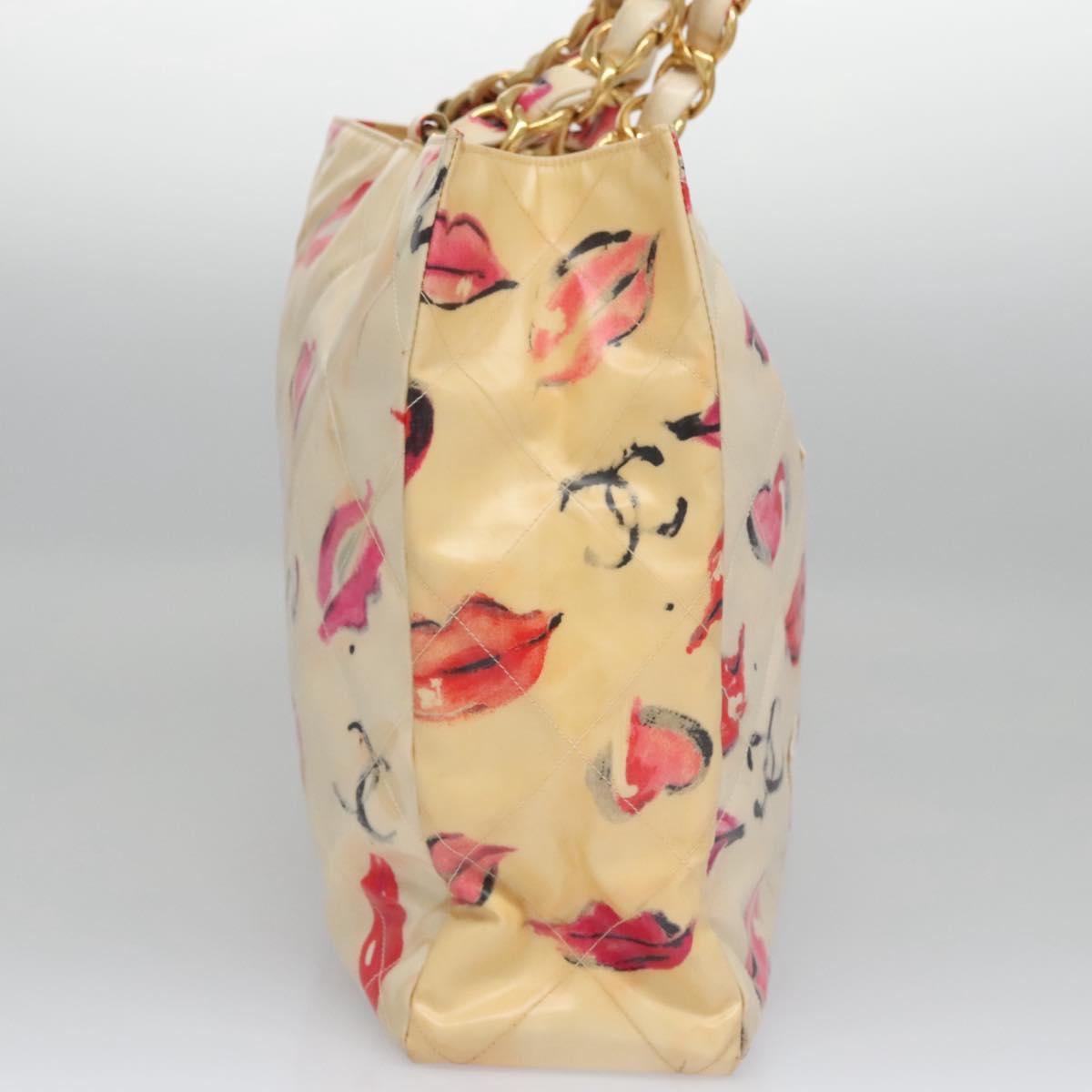 CHANEL Matelasse Chain COCO Mark Lip Tote Bag Vinyl Red CC Auth yk17404