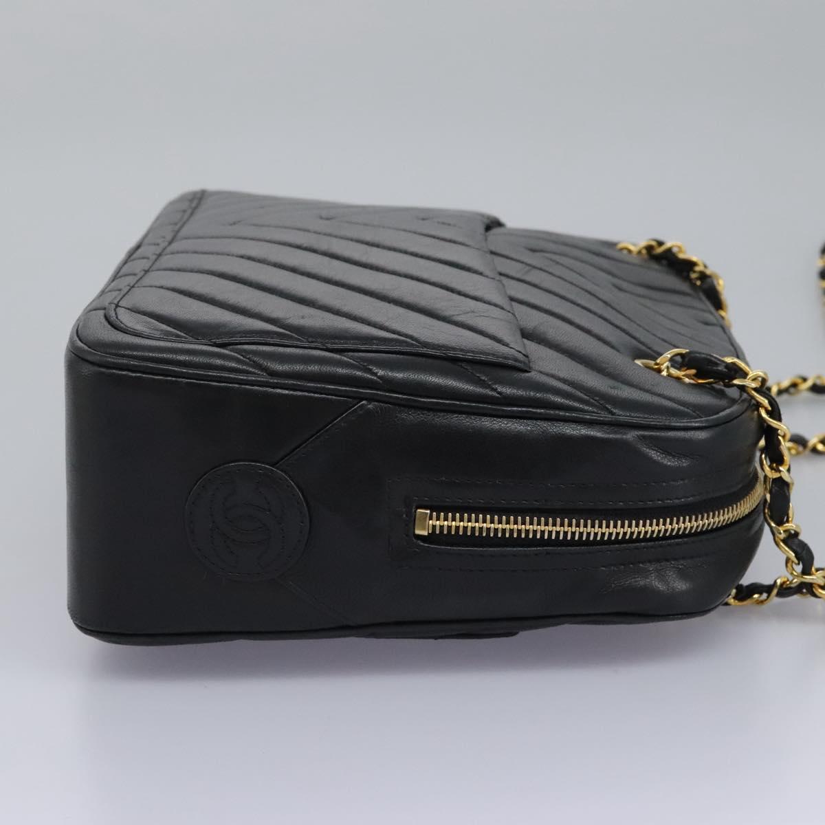 CHANEL Chain V Stitch Shoulder Bag Lamb Skin Black Gold CC Auth yk17457