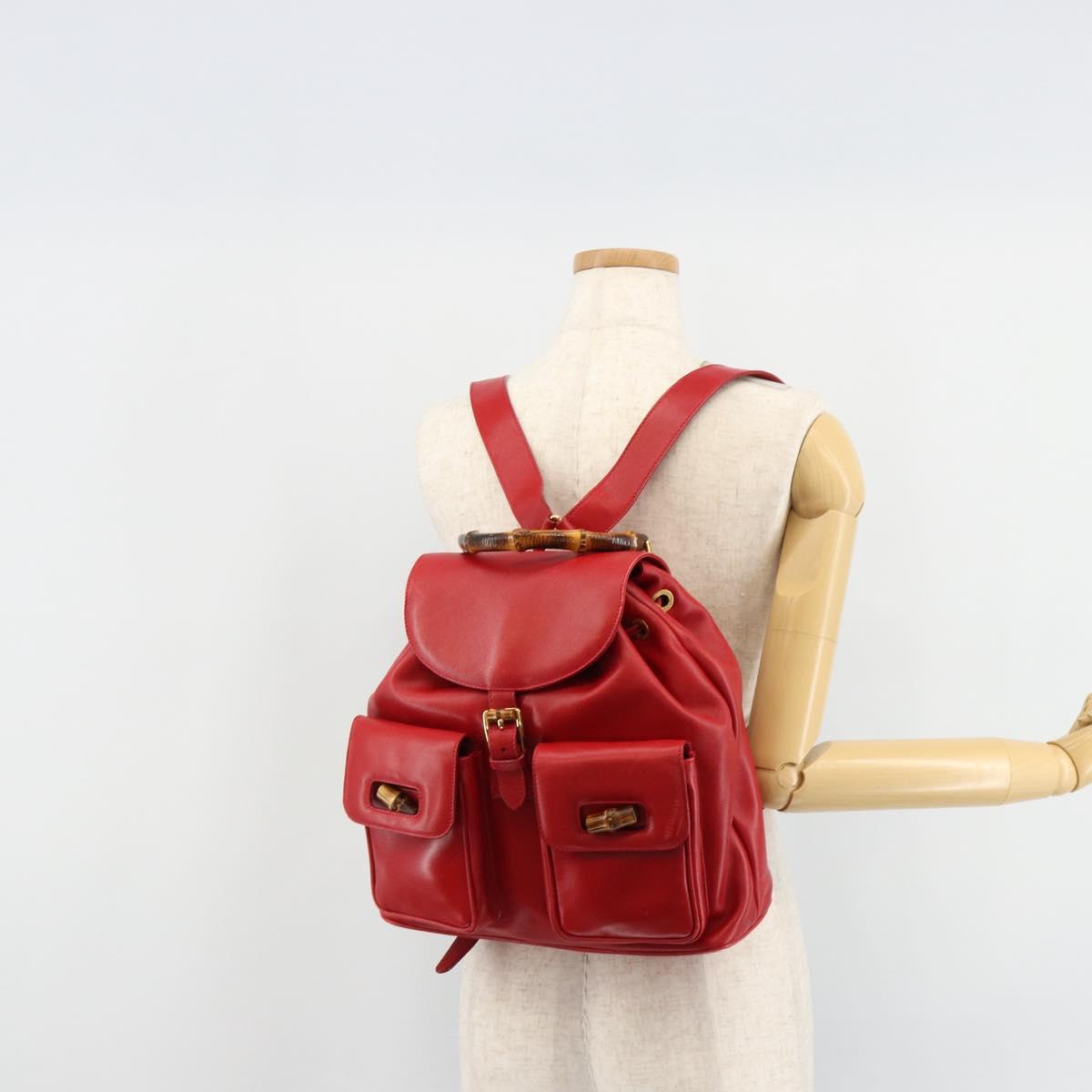 GUCCI Bamboo Backpack Leather Red Gold 003 2058 0016 Auth yk17469